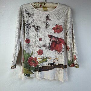 Mona Lisa Womens Round Neck Floral Fish Print Knit Top Size Large 3/4 Sleeve